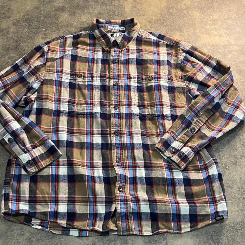 Duluth Trading Co Flannel Shirt Mens XL Tan Blue Plaid‎ Free Swingin 3237-129
